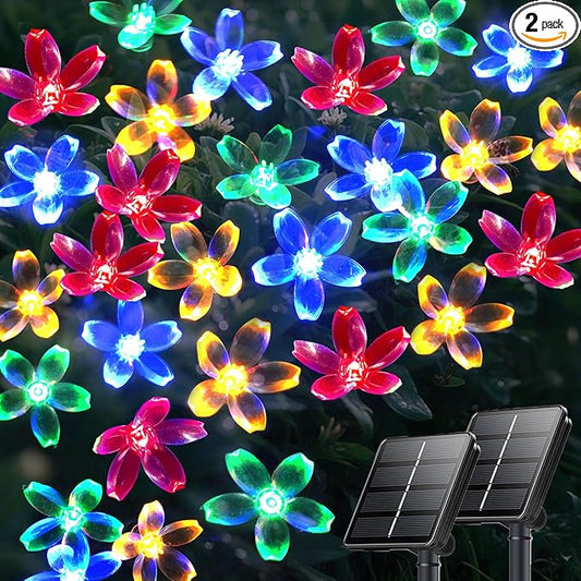2PK 80LED 50FT Flower Solar String Lights Outdoor Waterproof, Cherry Blossoms Multicolor Lights with 8 Lighting Modes, Garden Decor for Outside, Pathway Light for Fence, Patio, Yard