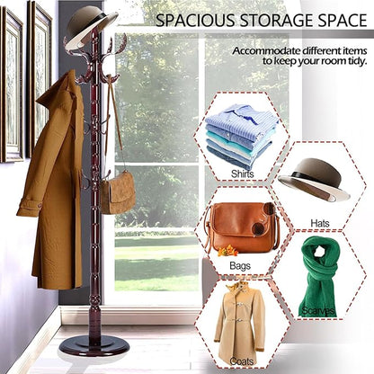 Coat Racks Free Standing with 14 Hooks, Natural Wood Coat Stands for Entryway, Adjustable Height 72 in Tree Coat Rack Stand for Hallway Home Office Bedroom (Mahogany Phoenix)
