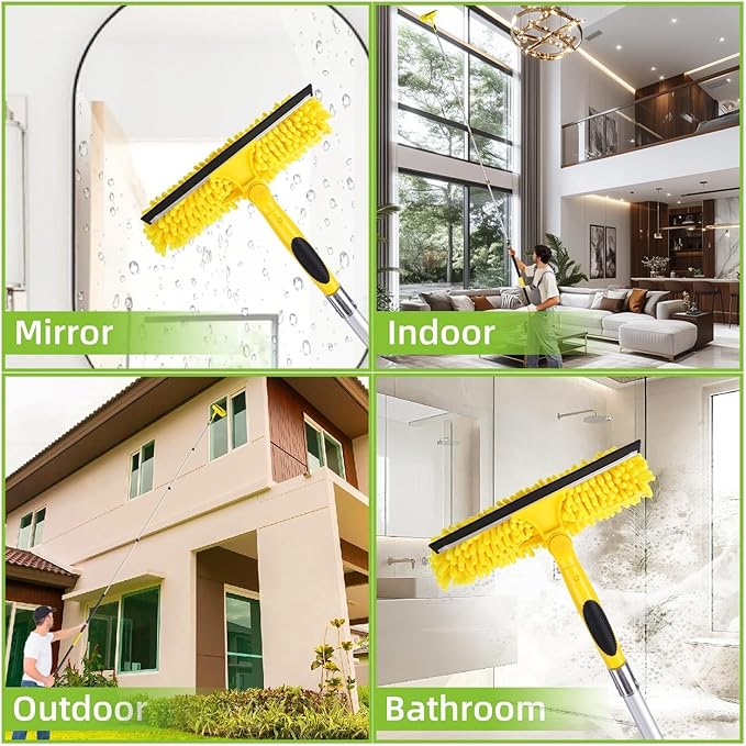Professional Window Squeegee with Telescoping Extension Pole, 2 in 1 Shower Cleaning with Telescopic Pole, 360'' Extension Washing Tool with Rotating Head for Indoor/Outdoor High Window Glass