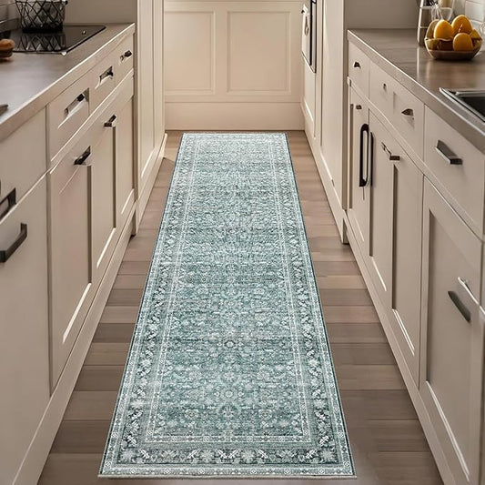 OPPODREAM Thin Vintage Teal 2x8 Runner Rug, 2 x 8 Retro Washable Rug Non Slip, Low-Pile Faux Wool Carpet, Distressed Floor Mat for Kitchen, Hallway, Entry-Way, Entrance, Indoor Back Door