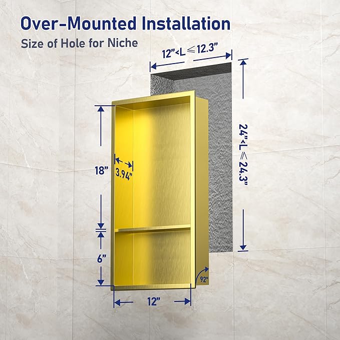 Stainless Steel Shower Niche 12" X 24" Gold with Double Shelves No Tile Needed Niche Shower for Bathroom Storage Recessed Shower Shelf Over Mount Installation