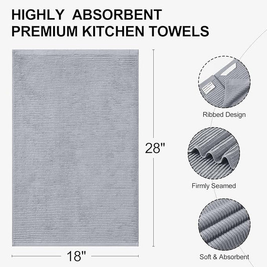 Homaxy Premium Kitchen Towels (18"x 28", 12 Pack), Large 100% Cotton Kitchen Hand Towels, Ultra Absorbent Ribbed Terry Tea Towels Set with Hanging Loop, Grey