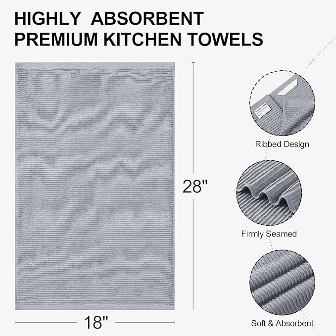 Homaxy Premium Kitchen Towels (18"x 28", 6 Pack), Large 100% Cotton Kitchen Hand Towels, Ultra Absorbent Ribbed Terry Tea Towels Set with Hanging Loop, Grey