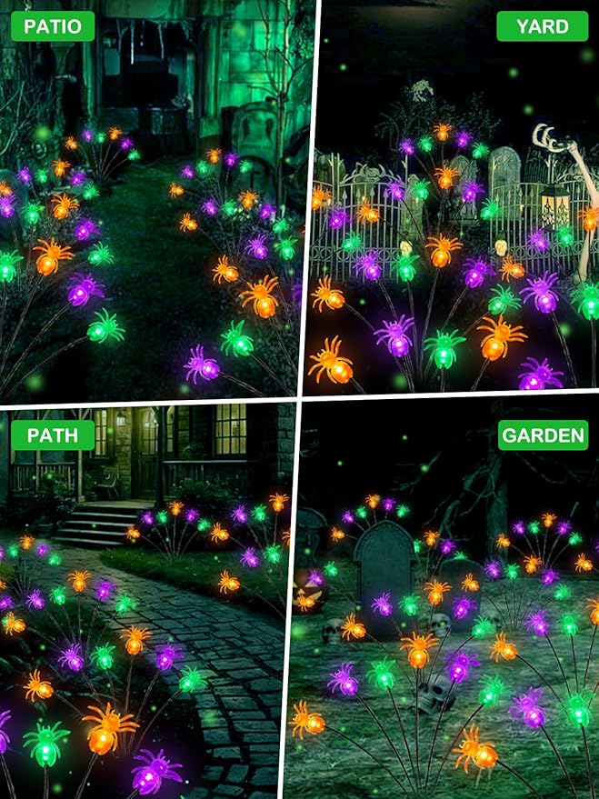 6 Pack 36LED Purple Orange and Green Halloween Solar Spider Garden Lights Outdoor, Solar Firefly Lights Swaying Lights with 2 Modes, Waterproof for Garden Yard Lawn Pathway Halloween Decorations