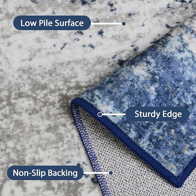 GENIMO Runners for Hallways，2x6 Washable Runner Rug Non-Slip, Long Runner Rugs with Rubber Backing, Low Pile Lightweight Rugs for Kitchen, Bedroom, Bathroom, Entryway, Blue Ivory