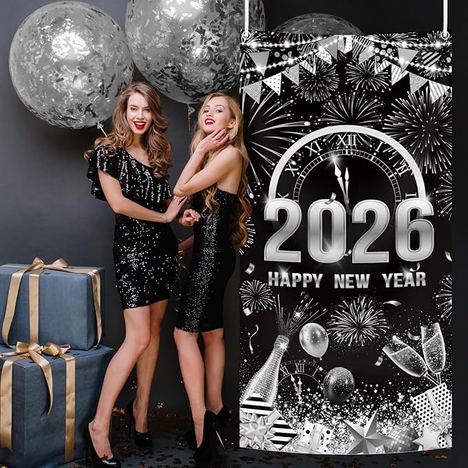 MEHOFOND 2026 Happy New Year Door Cover, Black and Silver New Year Front Door Party Decorations, Cheers to 2026 Hello 2026 Fireworks Champagne Balloon Decor Holiday Party Photo Booth Props