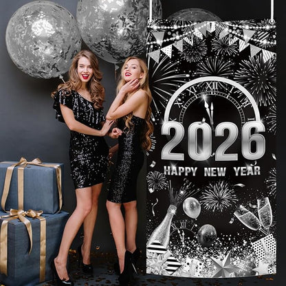 MEHOFOND 2026 Happy New Year Door Cover, Black and Silver New Year Front Door Party Decorations, Cheers to 2026 Hello 2026 Fireworks Champagne Balloon Decor Holiday Party Photo Booth Props