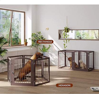 JSB 144-inch Extra Wide 30-inch Tall Dog gate with Door Walk Through, Freestanding Pet Gate for Halls, Stairs & Home, Pet Puppy Safety Dog Fence with 2PCS Support Feet (Espresso)