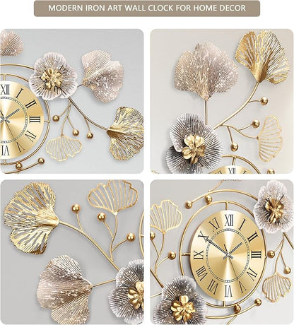 Clocks for Living Room, Large Wall Clock, 3D Silent Wall Clock, Retro Metal Ginkgo Leaf Design, for Bedroom Kitchen Decorative Wall Clocks（32''x18'' ）