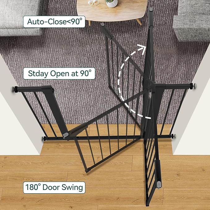 BABELIO 36" Tall Baby Gate, 26-40" Wide Auto Close Pet Gate, PressGuard C5 Pressure Mounted Metal Dog Gate, Easy-Install No Drilling, No Tools Needed, with Wall Protectors and Extension Kits, Black