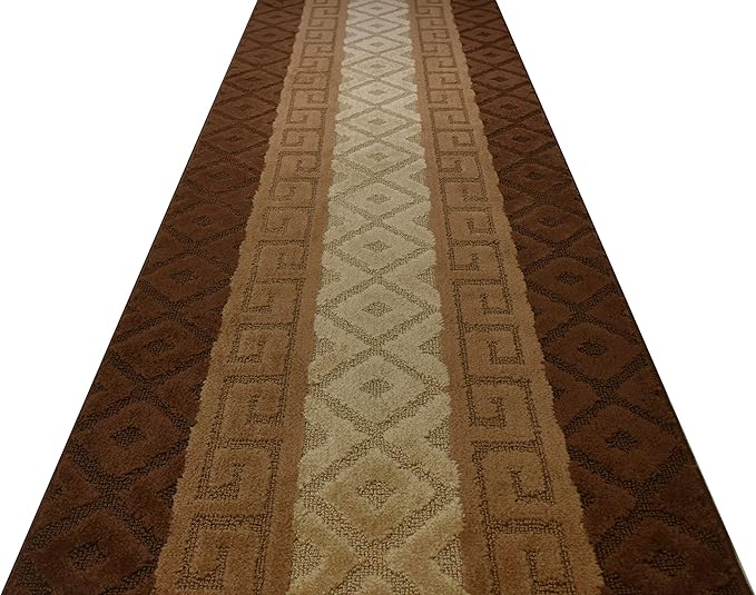 Custom Cut Hallway Runner Rug, Slip Resistant, 31 Inch Wide X Your Choice of Length, Meander Brown, 31 Inch X 10 feet