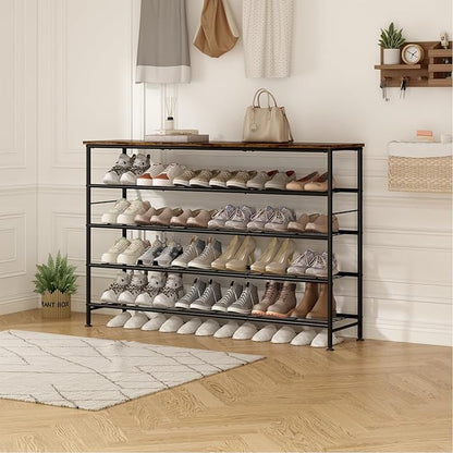 Shoe Rack 5 Tier Shoe Storage Organizer Metal Mesh Shelves with MDF Top Board for Entryway, Hallway, Closet,Bedroom，Living Room (Black+Rustic Brown, Large 5 Tier)