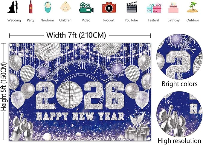 Happy New Year 2026 Black Gold Backdrop 2026 New Year Eve Countdown Photo Background Cheer to 2026 Party Decoration Banner Photo Supplies (Blue, 82x59inch (7x5FT))