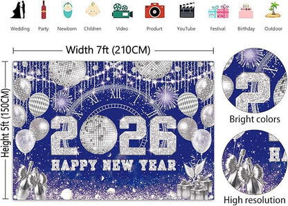 Happy New Year 2026 Black Gold Backdrop 2026 New Year Eve Countdown Photo Background Cheer to 2026 Party Decoration Banner Photo Supplies (Blue, 82x59inch (7x5FT))