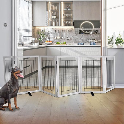 ZJSF Freestanding Dog Gate Indoor, Foldable Dog Fence for Doorways,Hallways or Stairs, Sturdy Wood Extra Wide Pet Gate with Support Feet,Grey,32 "Height-6 Panels