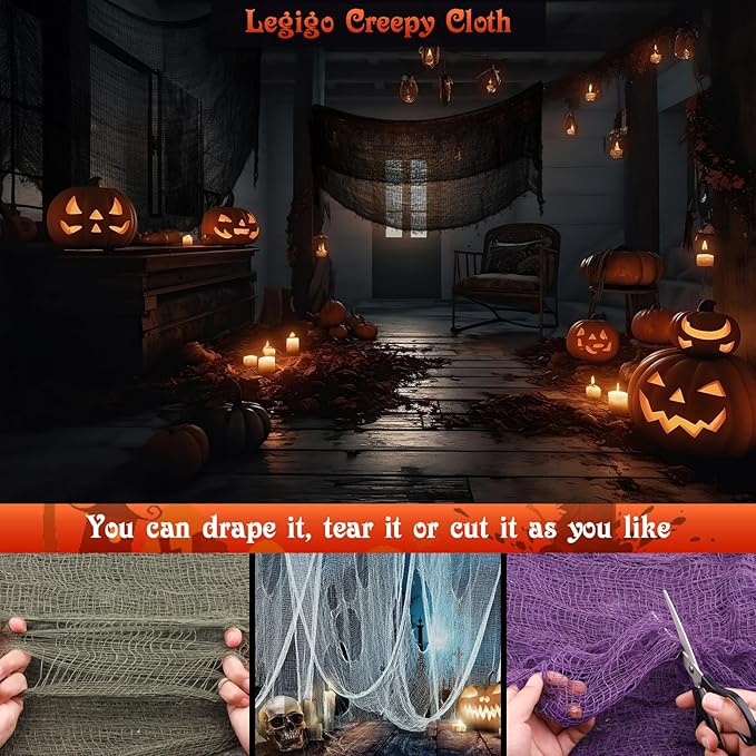 Legigo 12 Pack Halloween Creepy Cloths Cheesecloths, Spooky Black Mesh Fabric Cheese Cloths for Crafts, Scary Gauze Fabric for Party Supplies Home Wall Doorway Outdoor Yard Decor(6 Colors)