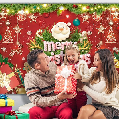 7x5FT Merry Christmas Banner - Santa Claus & Reindeer Background - Red Xmas Party Backdrop for Kids