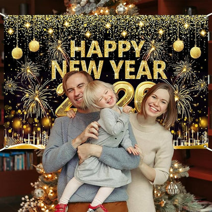 Gold 2026 Happy New Year Banner Backdrop 5.9×3.6 Ft Gold Glitter 2026 Backdrop with Clock Fireworks Sparkling Happy New Year Decorations Banner Family Party Photo Booth (Polyester) Retyshia