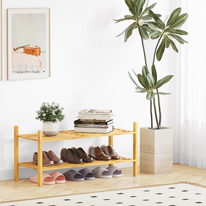 Bamboo Shoe Rack for Closet 2 Tier, Space-Saving Stackable Shoe Organizer for Entryway, Dorm, Garage, Natural