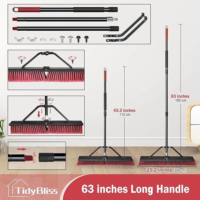 24” Push Broom Outdoor Heavy Duty, Large Commercial Stiff Bristle Brush with 63 inches Long Handle for Garage Shop Garden Yard Patio Deck Street Warehouse Lawn Driveway (Red)