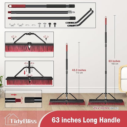 24” Push Broom Outdoor Heavy Duty, Large Commercial Stiff Bristle Brush with 63 inches Long Handle for Garage Shop Garden Yard Patio Deck Street Warehouse Lawn Driveway (Red)