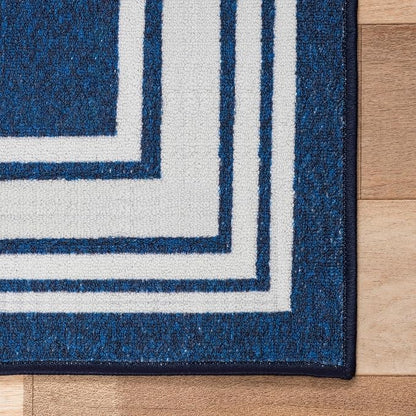 Modern Bordered Non Slip Indoor Runner Rugs for Living Room 2x5 Area Rugs for Kitchen, Rug for Bedroom, and Hallway, Stain Resistant Easy Cleaning Non Shedding Navy 2 x 5
