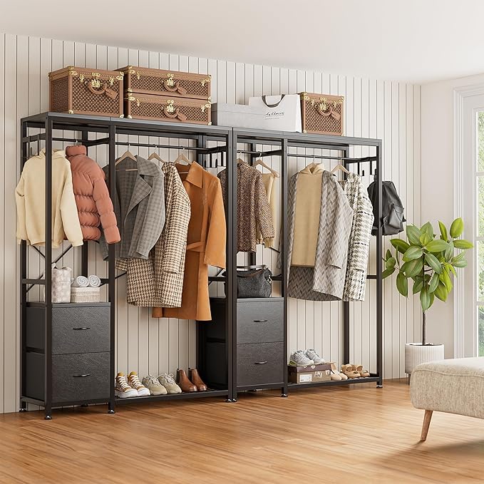 Lulive Clothes Rack, Heavy Duty Garment Rack for Hanging Clothes, Industrial Clothing Racks with Shelves, 2 Fabric Drawers, 4 Hooks, 2 Hanging Rods, Freestanding Closet Organizer, Black