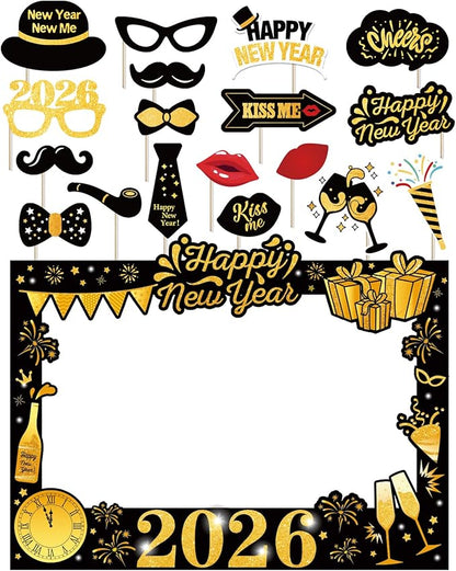New Years Eve Party Supplies 2026 - NYE Photo Booth Props Kit with Glitter Photo Frame, 2026 Glasses & Mustache (Pack of 19)