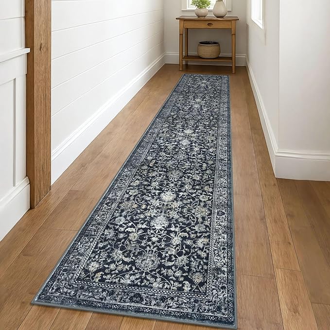 KILOCOCO Hallway Runner 2x10 Rug Runner Printed Vintage Floral Washable Non-Slip Rubber Backed Runners for Hallways Kitchen Laundry Room Entryway Bedroom, Charcoal
