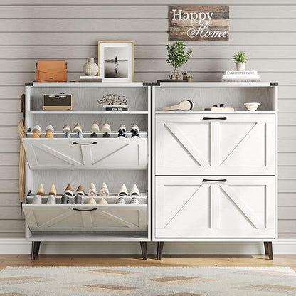 Vabches Shoe Storage Cabinet with 2 Flip Drawers,Freestanding Narrow Shoe Organizer with Open Storage,Hidden Slim Shoe Rack Cabinet for Entryway,White (2 Pack)
