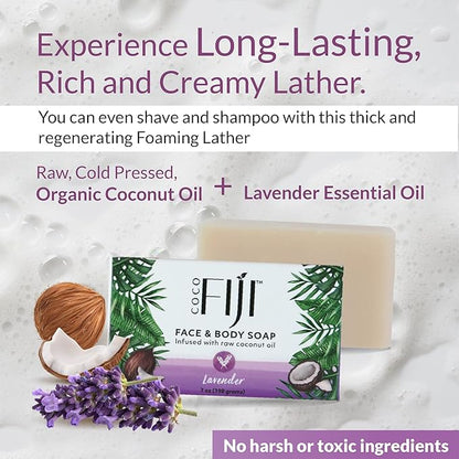 "Coco Fiji Soap Bar for Face and Body Infused With Organic Coconut Oil, Lavender Essential Oil, Natural Soap for Moisturizing & Pore Purifying Skin, 7 oz, Pack Of 3 "