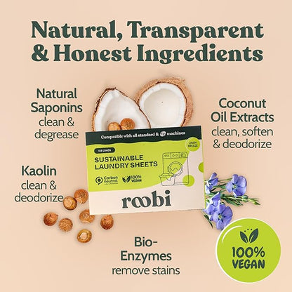 Roobi Laundry Detergent Sheets. Up to 128 Loads, Liquidless Detergent. Carbon Neutral, 100% Vegan & Sustainable Linen Breeze Scent.