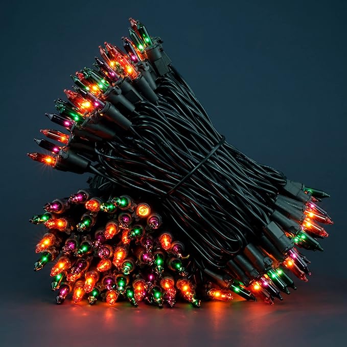 200 Count Orange Green & Purple Christmas Lights, Pack of 2 Strands 100 Count 33 ft Black Wire UL Listed Halloween String Light (Orange Green & Purple)