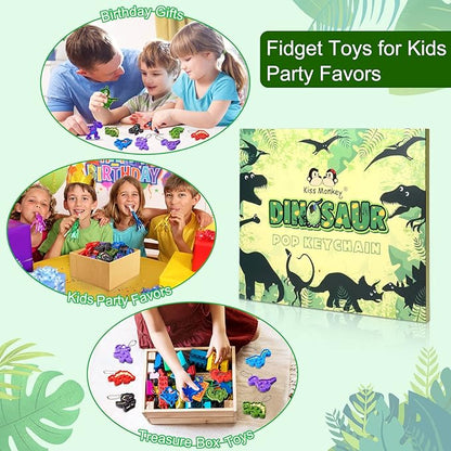 Kiss Monkey 24 Pack Dinosaur Party Favors,Mini Pop Keychain Toys Bulk,Pop Fidgets Party Favors for Kids,Stress Relief Sensory Toys,Goodie Bags Stuffer,Classroom Prizes,Birthday Gifts for Boys & Girls