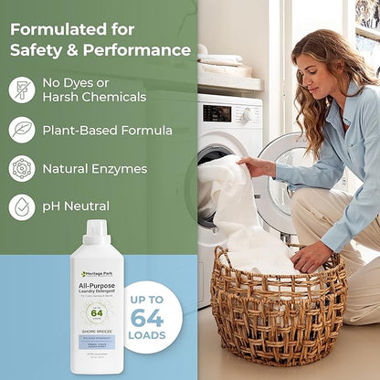 Heritage Park Luxury Laundry Detergent | Dermatologist Tested Plant based Natural & Enzyme Laundry Detergent | Sensitive Skin Friendly - Shore Breeze (32 fl oz)