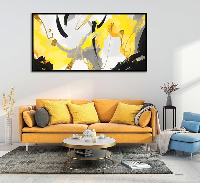 Wall Art for Living Room, Yellow and Black Abstract Canvas Wall Art, Colorful Fluid Lines Wall Decor Canvas Paintings, Black Framed Artwork Modern Paintings Pictures Wall Decor 20×40 inches