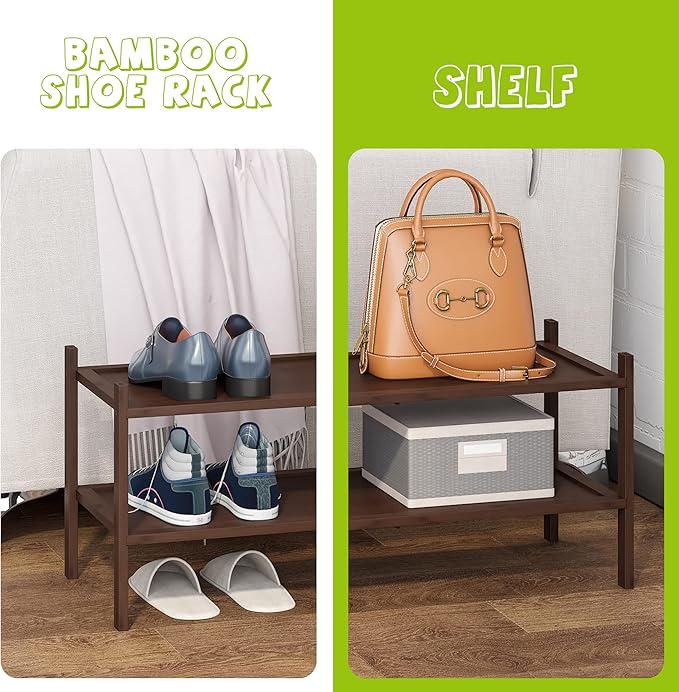 BMOSU 2-Tier Bamboo Shoe Rack Premium Stackable Shoe Shelf Storage Organizer for Hallway Closet Living Room Entryway Organizer(Brown)