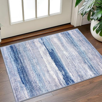 KOZYFLY Modern Abstract Small Area Rugs, 2x3 Washable Kitchen Rug Non-Slip Soft Small Bathroom Rug, Blue/Grey/Beige Striped Entryway Rugs Abstract Print Faux Wool Doormat for Bedside Entrance Bedroom
