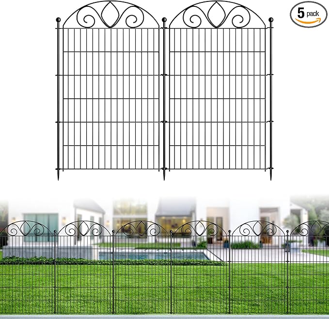 5 Panels No Dig Tall Garden Fence Panel – 44" H X 11.8' L Rustproof Metal Dog Fence Outdoor for Yard, Decorative Animal Barrier Fence for Pet, Garden Border, Patio, Flower Beds| Temporary Fencing