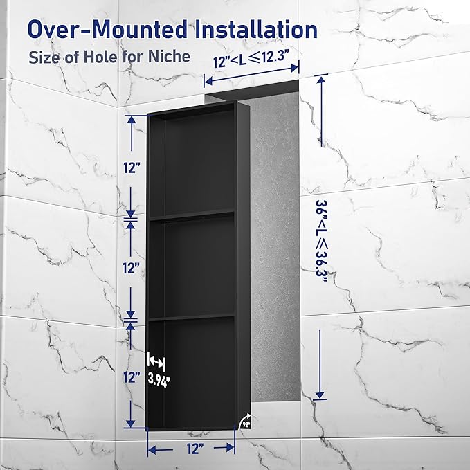 Stainless Steel Shower Niche 36" X 12" Matte Black No Tile Needed Wall Vertical Niche Three-Tier Shelves Recessed Shower Shelf for Bathroom Storage Over Mount Installation