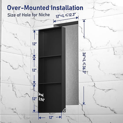 Stainless Steel Shower Niche 36" X 12" Matte Black No Tile Needed Wall Vertical Niche Three-Tier Shelves Recessed Shower Shelf for Bathroom Storage Over Mount Installation