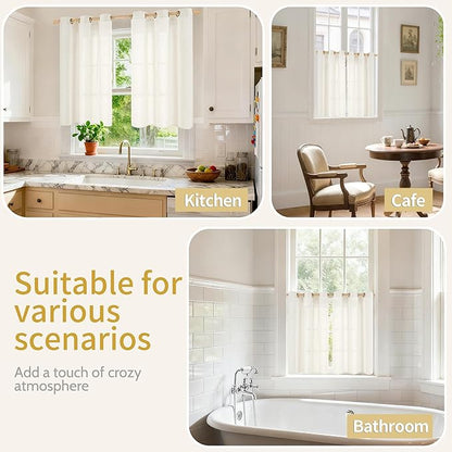 YoungsTex Ivory Linen Curtains 40 Inch Length for Kitchen Window, Short Semi Sheer Drapes Light Filtering with Bronze Grommet Privacy for Cafe Bathroom Windows, 42 x 40 Inch, 2 Panels