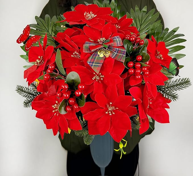 Christmas Cemetery Flowers for Grave Decoration， Christmas Red Poinsettias Berry Bouquet with Cemetery Ground Vase,2 Butterflies Including