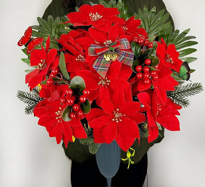 Christmas Cemetery Flowers for Grave Decoration， Christmas Red Poinsettias Berry Bouquet with Cemetery Ground Vase,2 Butterflies Including