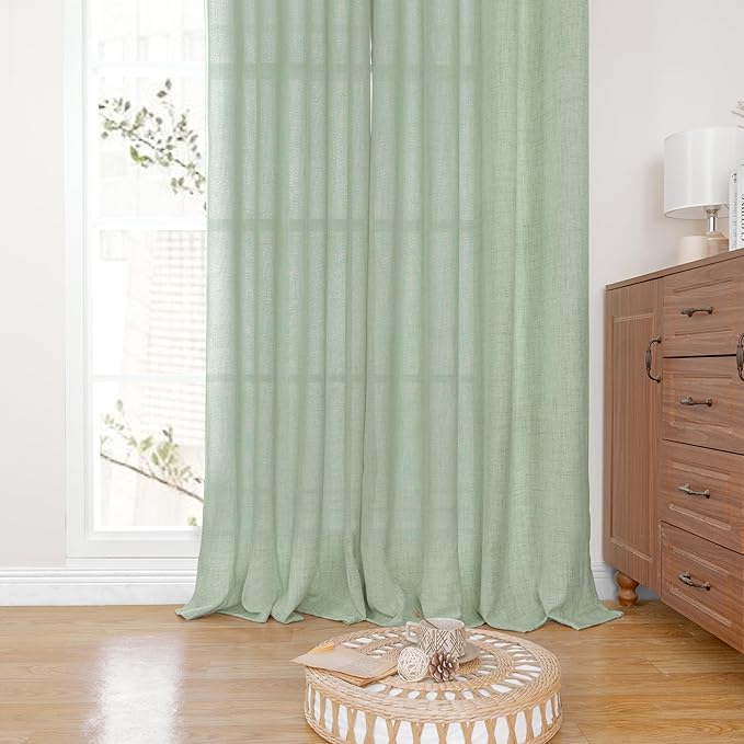 YoungsTex Sage Green Linen Curtains 90 Inches Long for Living Room, Boho Semi Sheer Drapes with Bronze Grommet Privacy Light Filtering Window Treatments for Bedroom Dining, 52 x 90 Inch, 2 Panels