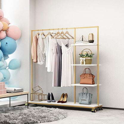 Metal Gold Clothing Rack for Boutique Use, Heavy Duty Garment Rack with Shelves for Retail Display (59L inches)