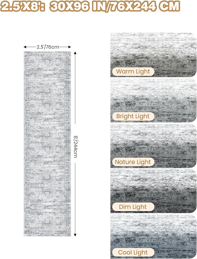 Kitchen Runner Rug Non Slip - 2.5 x 8 Runners for Hallways, Entryway, Bedroom, Washable Runner Rugs for Bathroom, Laundry Room, Low Pile Soft Vintage Area Rug(2.5'x8', Grey/Ivory)