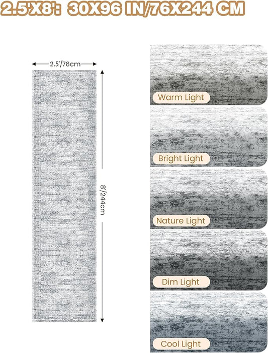 Kitchen Runner Rug Non Slip - 2.5 x 8 Runners for Hallways, Entryway, Bedroom, Washable Runner Rugs for Bathroom, Laundry Room, Low Pile Soft Vintage Area Rug(2.5'x8', Grey/Ivory)