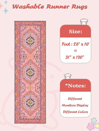 SERISSA Runner Rug for Hallways, 2'6"x10' Washable Non Slip Kitchen Runner Rug, Ultra Soft Cute Boho Aesthetic Rug Long Fuchsia Pink Floor Carpet for Bedroom Bathroom Laundry Living Room