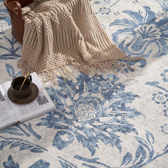 jinchan Runner Rugs 2x5 - Vintage-Inspired Floral Design Machine Washable Non-Slip Ultra-Thin Low-Pile Rubber Backing Runner Rug for Kitchen Hallway Laundry Room Entryway Dark Blue